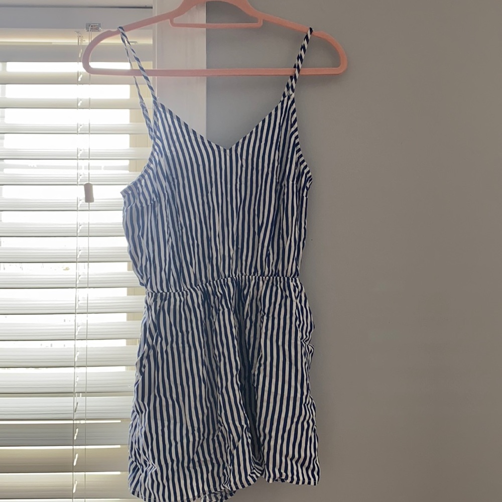 Navy blue and white striped tank romper. Not worn